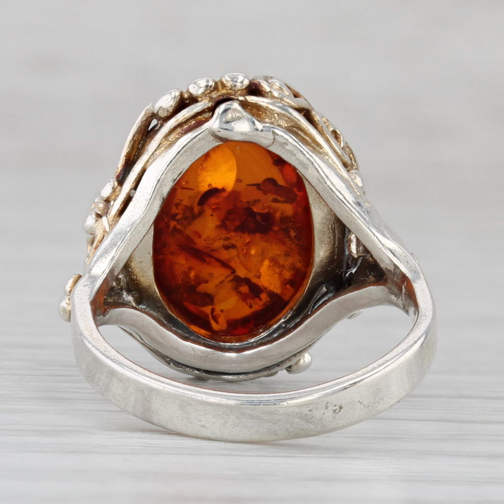 Amber Oval Cabochon Ring Sterling Silver Floral Size 4.75