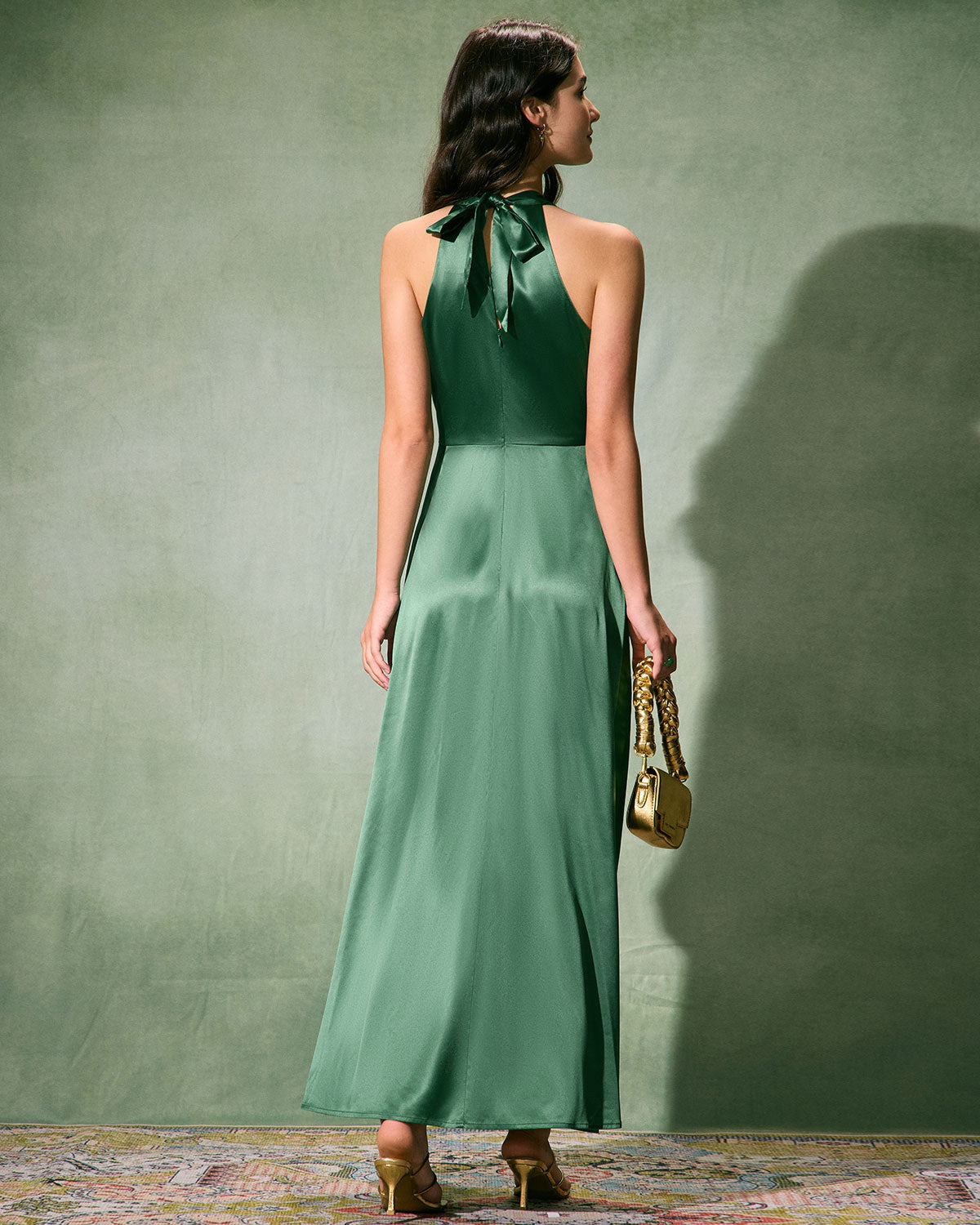 The Green Ruched Satin Maxi Dress