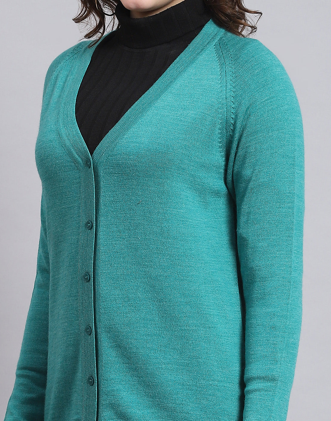 Women Turquoise Blue Solid V Neck Full Sleeve Sweater