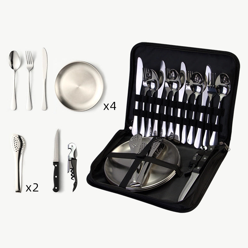 Outdoor Travel Stainless Steel Tableware Camping Picnic Barbecue Plate Clip Steak Knife. Fork And Spoon Suit Portable Storage Bag