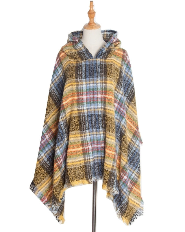 Direct New Cape Europe And The United States Spring And Autumn And Winter New Barbed Wool Pullover Plaid Hat Cape Shawl