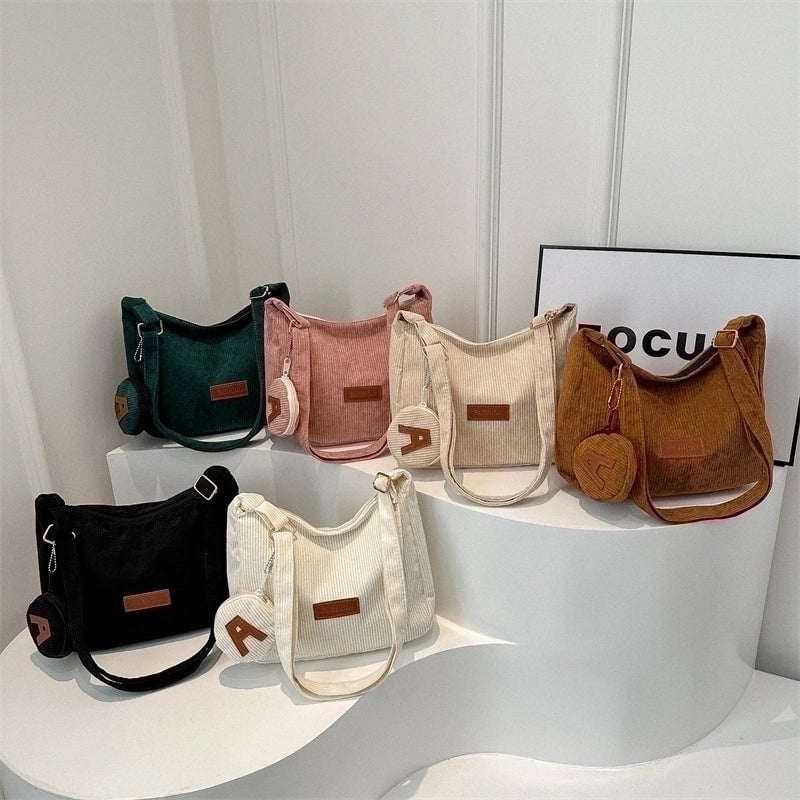 Women's Corduroy Solid Color Classic Style Square Zipper Shoulder Bag