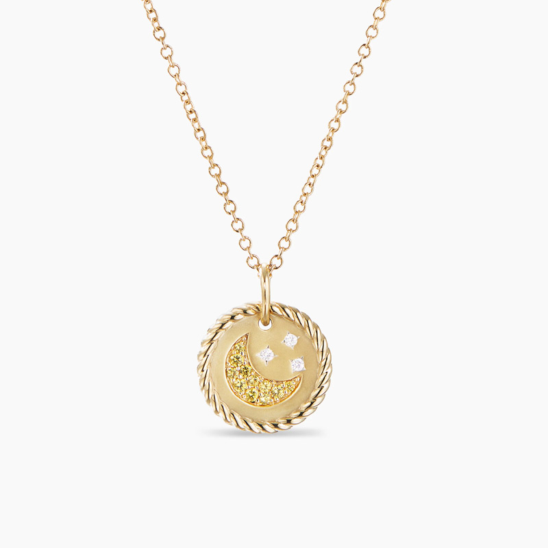 925 Sterling Silver Dainty 18k Gold Plated Pave Yellow Sapphire Diamond Moon and Stars Necklace