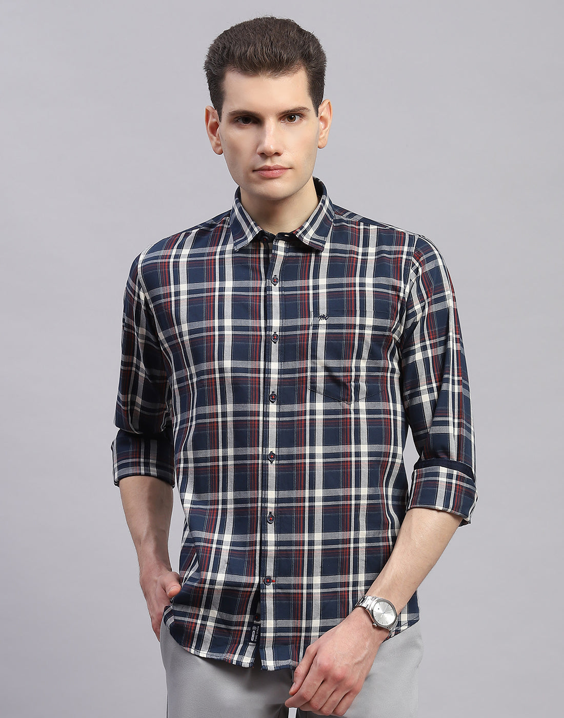 Men Navy Blue Check Collar Full Sleeve Shirt