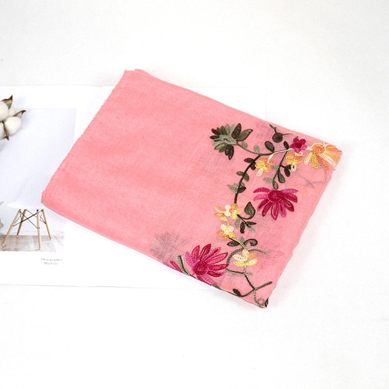 Women's Classic Style Flower Cotton And Linen Embroidery Scarf