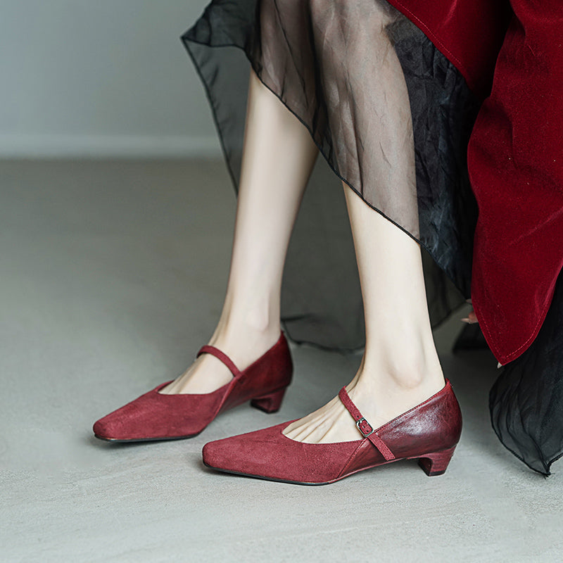 Elegant Washed Horsehide Nubuck Mary Jane Shoes Buckle Strap Causal Pumps in Red/Black/Caramel