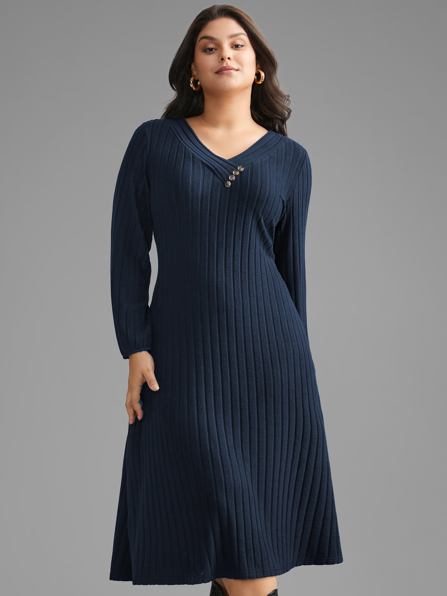 Plain Rib Knit Button Detail Dress