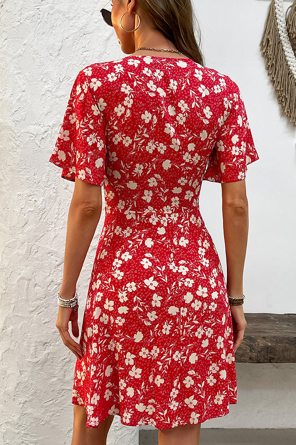 Fashion Floral Print V Neck Mini Dress