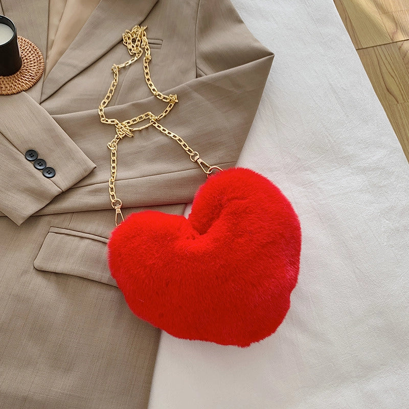 Women's Plush Solid Color Cute Heart-shaped Zipper Crossbody Bag