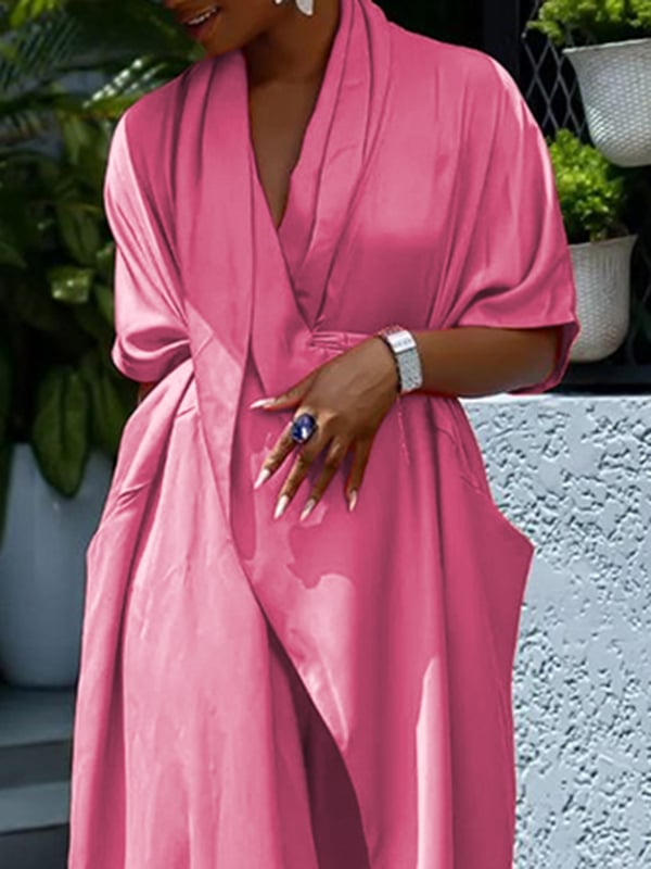 Loose Short Sleeves Asymmetric Pleated Solid Color Split-Joint V-Neck Maxi Dresses Shirt Dress