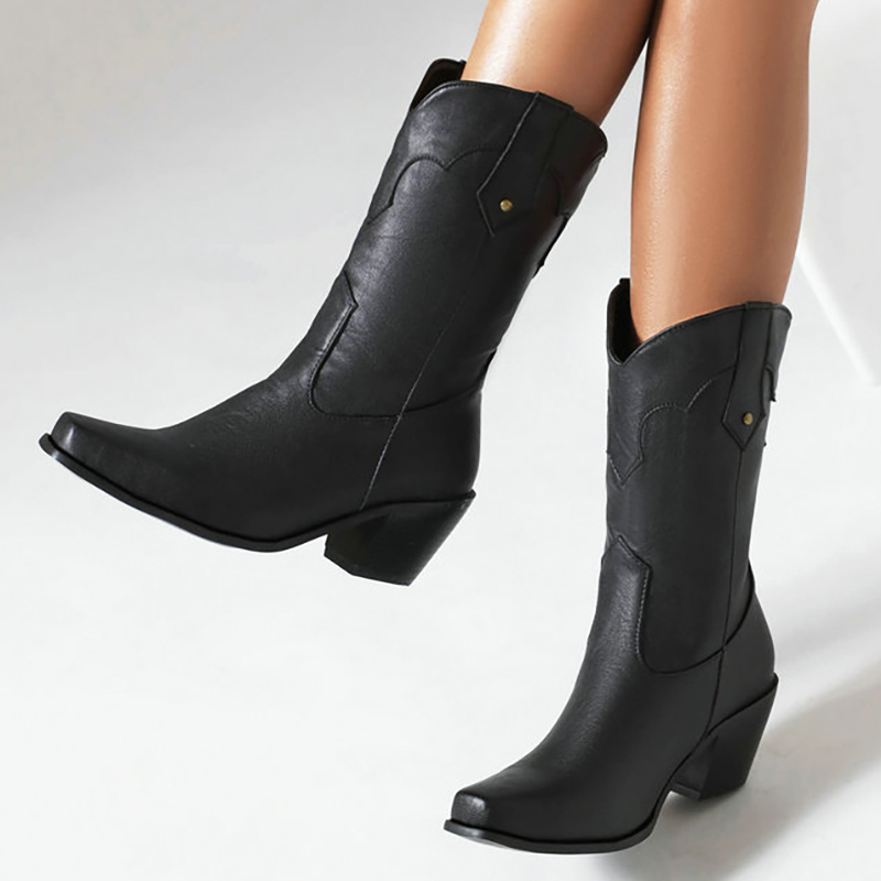 Retro Stitching V Groove Chunky Heels Western Boots