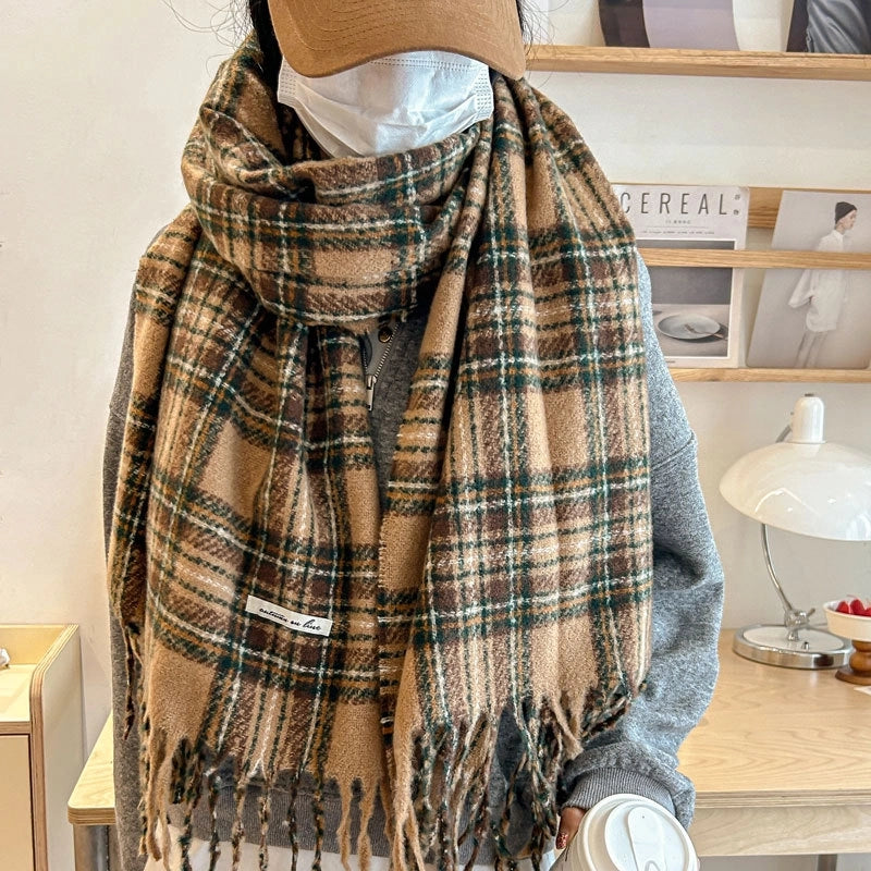 Women's Sweet Plaid Imitation Cashmere Tassel Scarf