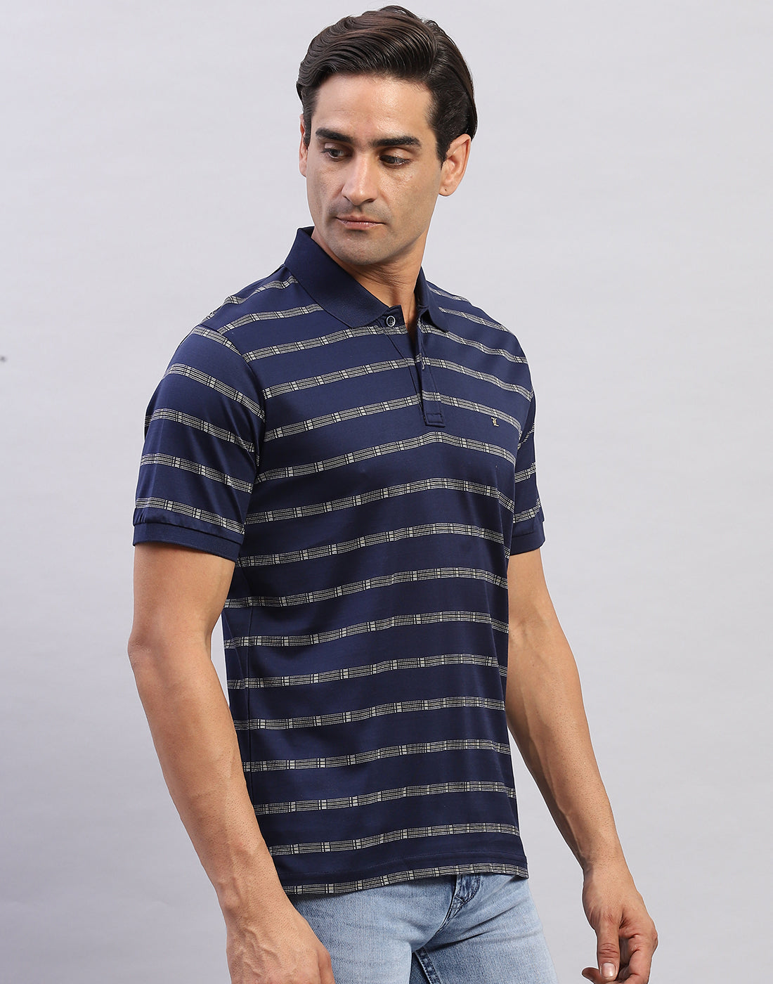 Men Navy Blue Self Design Polo Collar Half Sleeve T-Shirt