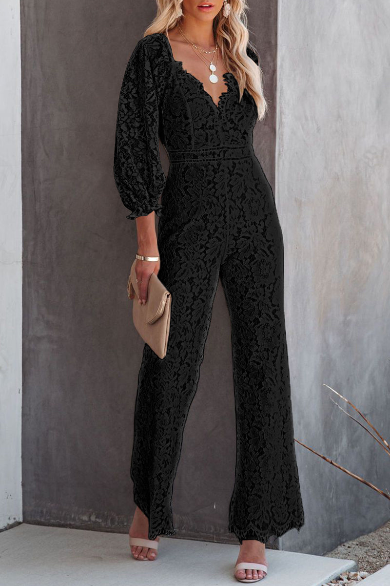 White Embroidery Lace V Neck Regular Jumpsuits