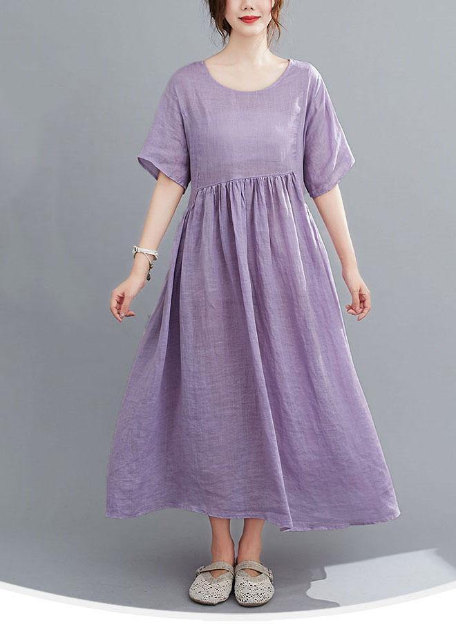 Natural Purple Pockets Short Sleeve Robe Cotton Linen Dresses