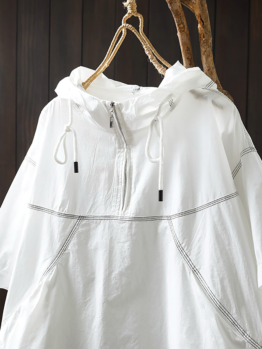 Women Summer Artsy Drawstring Hooded Cotton Shirt