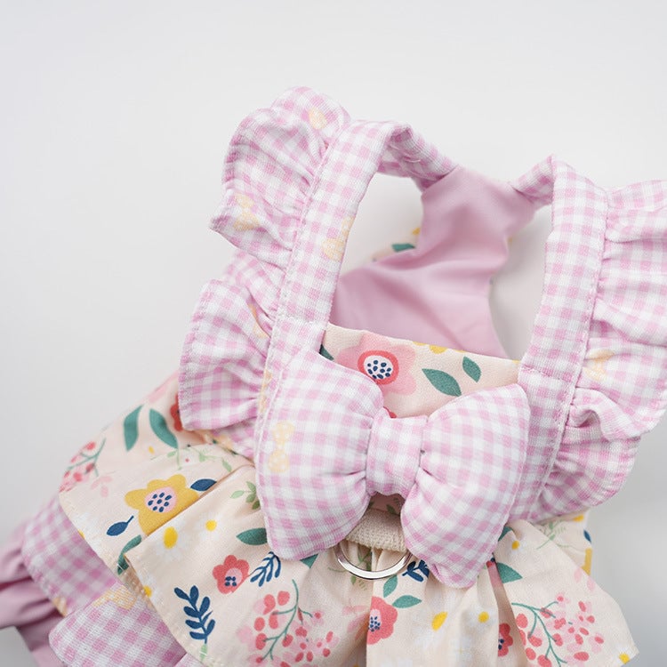 Floral Plaid Ruffled Dog Cat Dress Harness