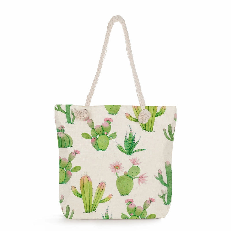 Women's Medium Linen Cactus Vacation Classic Style Square Zipper Tote Bag Beach Bag