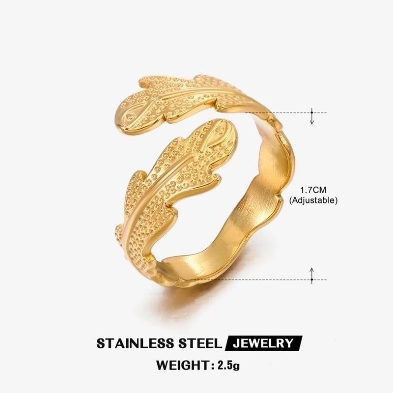 304 Stainless Steel 18K Gold Plated Minimalist Plating Leaf Open Ring
