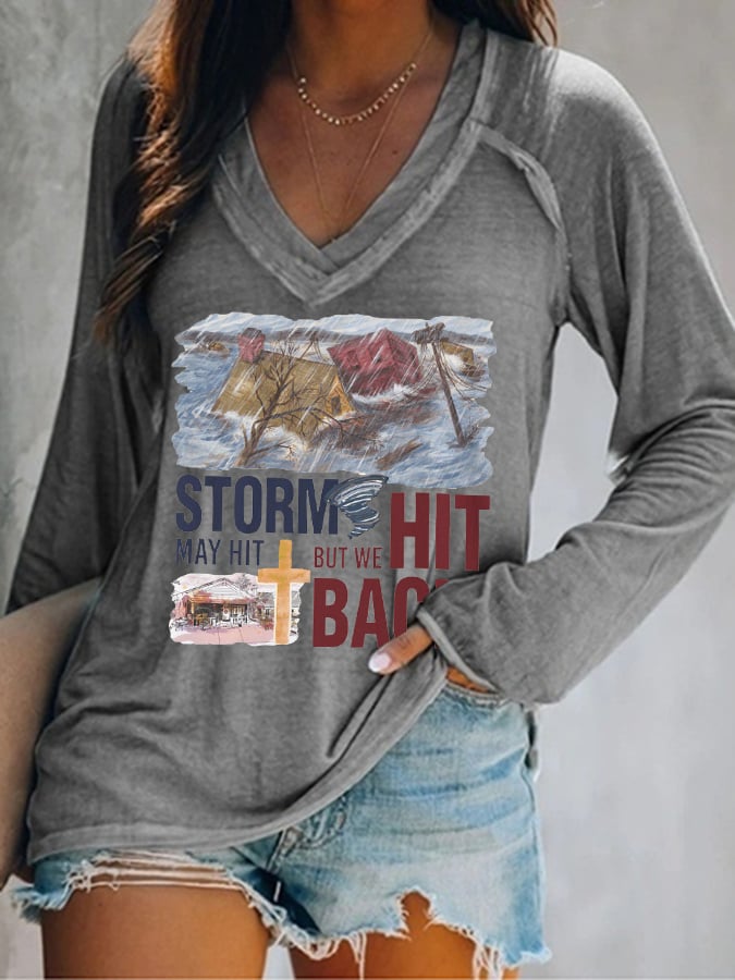 Women's Helene Hurricane Storms May Hit But We Hit Back Print V-Neck T-Shirt