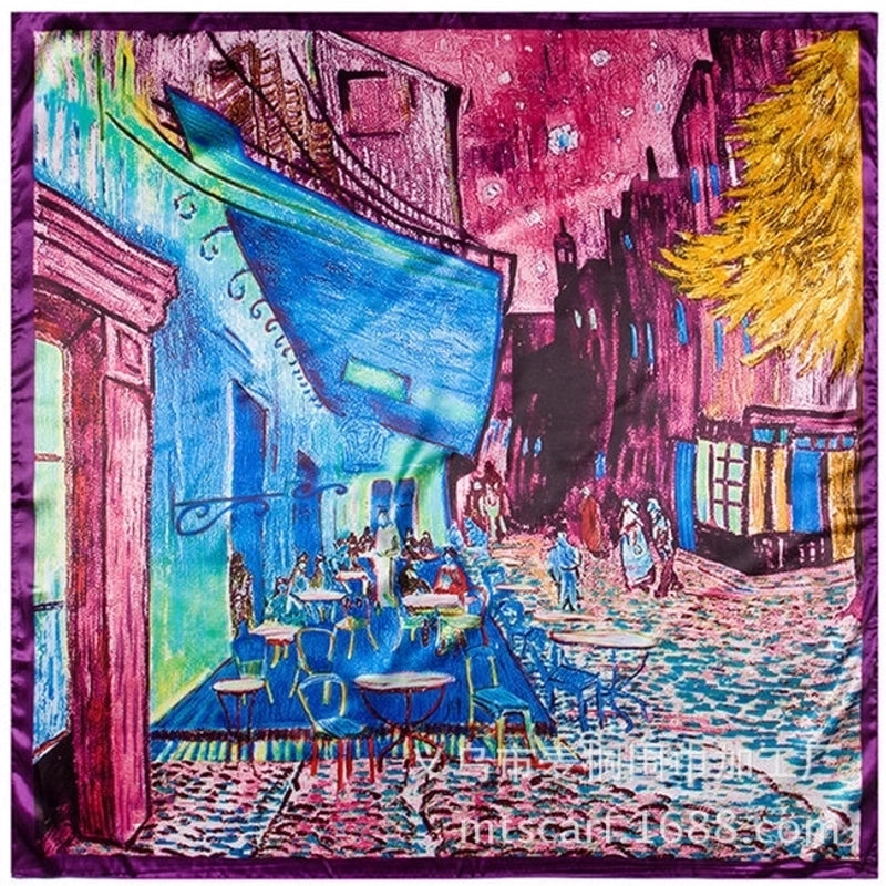 90cm Oil Painting Coffee House Alley Satin Ladies Large Square Scarf