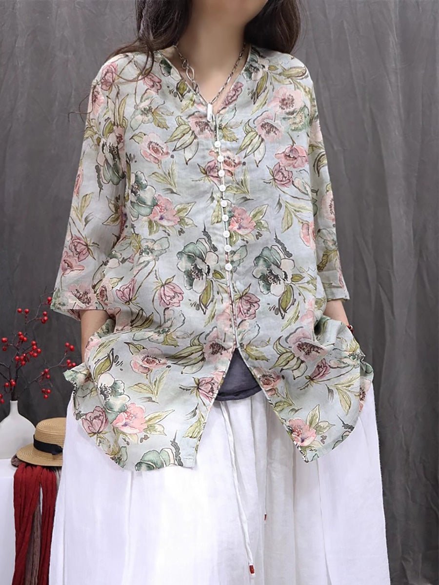 Women Summer Vintage Flower V-Neck 100%Ramie Shirt