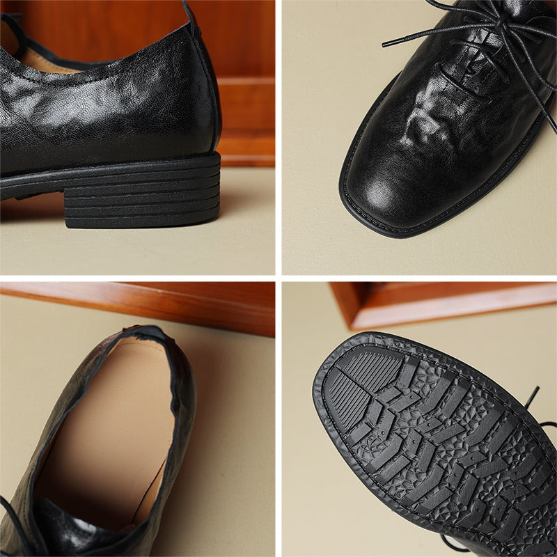 Retro Lace-Up Handmade Soft Leather Round Toe Oxford Shoes in Black/Brown