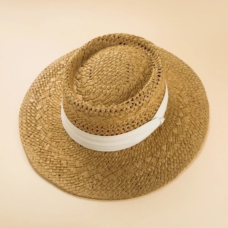 Fashion British Style Handmade Straw Woven Concave Top Hat Female Summer Vacation Seaside Sun-proof Beach Hat