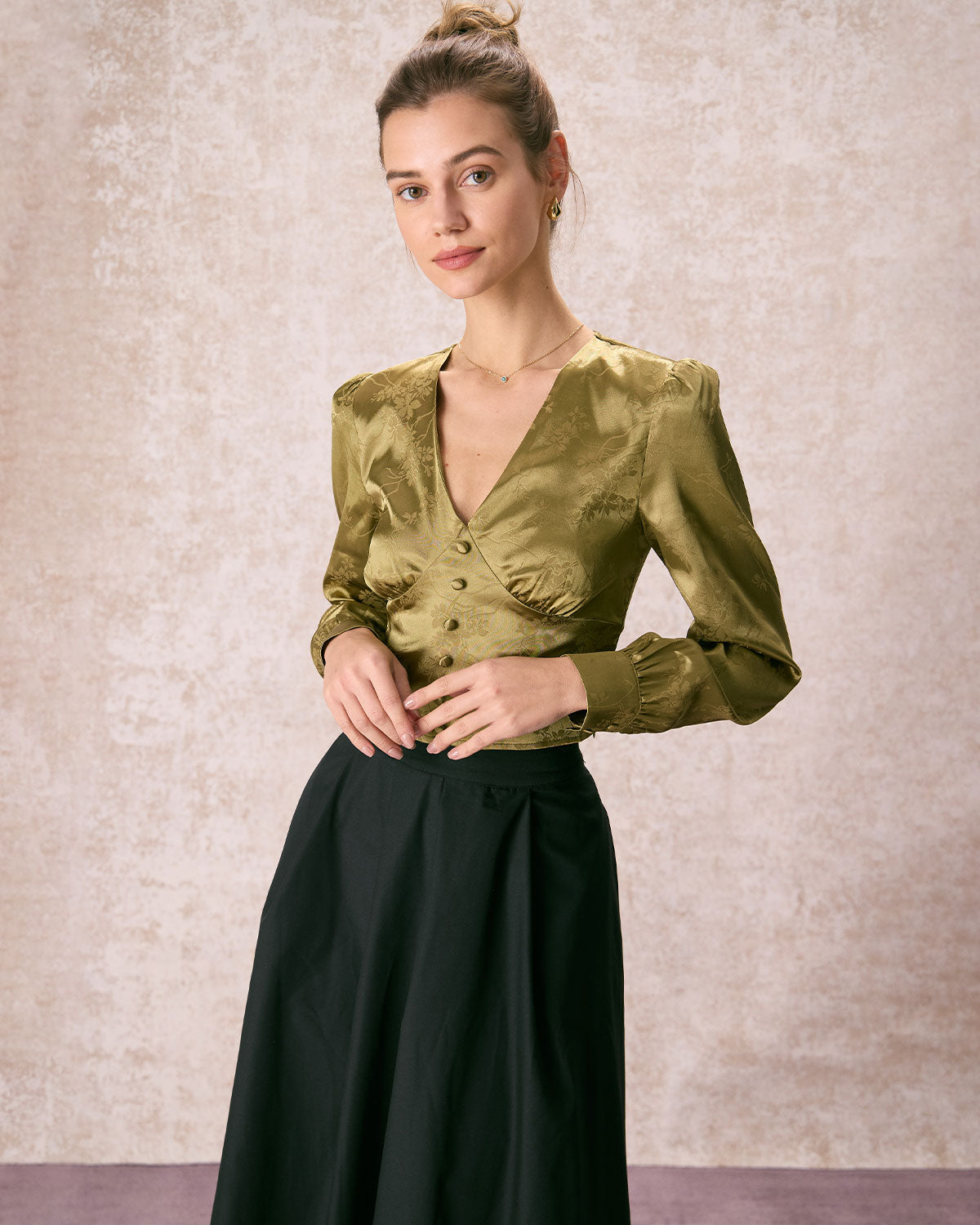 The Green V Neck Jacquard Satin Blouse