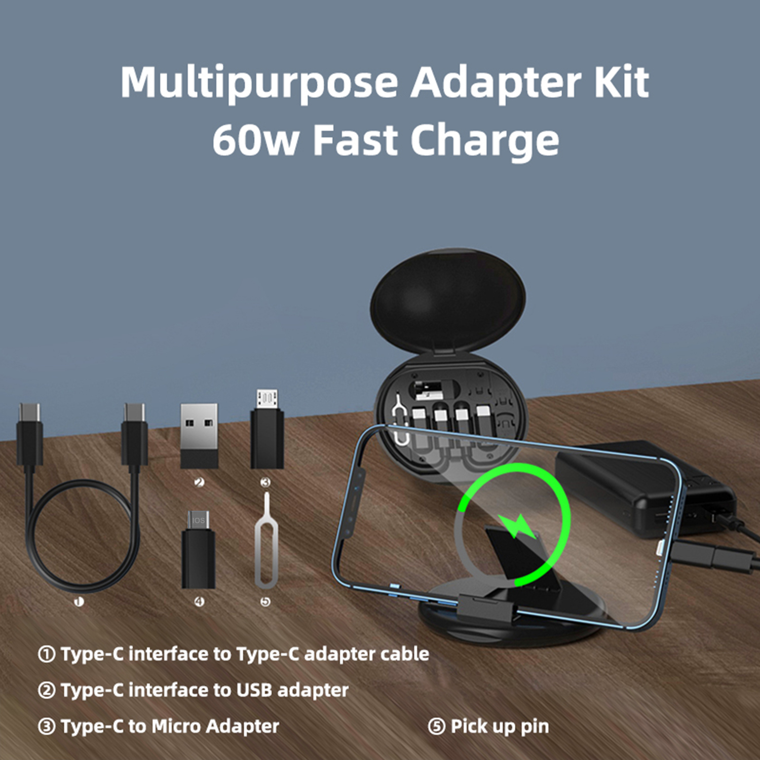 Portable Usb Adapter Kit Cable Convertor Storage Box Fast Charging Data Cable Phone Holder Promotional Gift For Travel