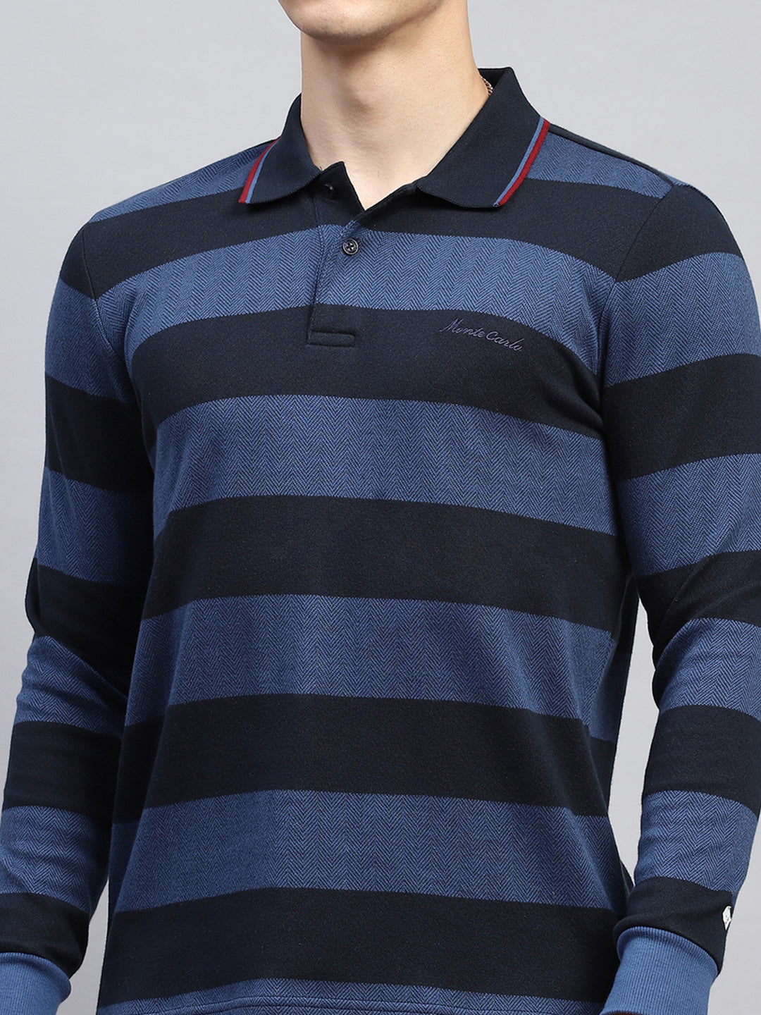 Men Navy Blue Stripe Collar Full Sleeve Winter Tracksuit