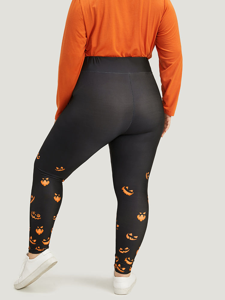 Halloween Pumpkin Print Wideband Waist Leggings