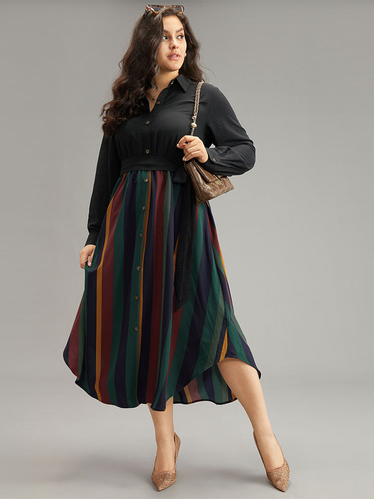 Colour Striped Patchwork Belted Button Through Dress