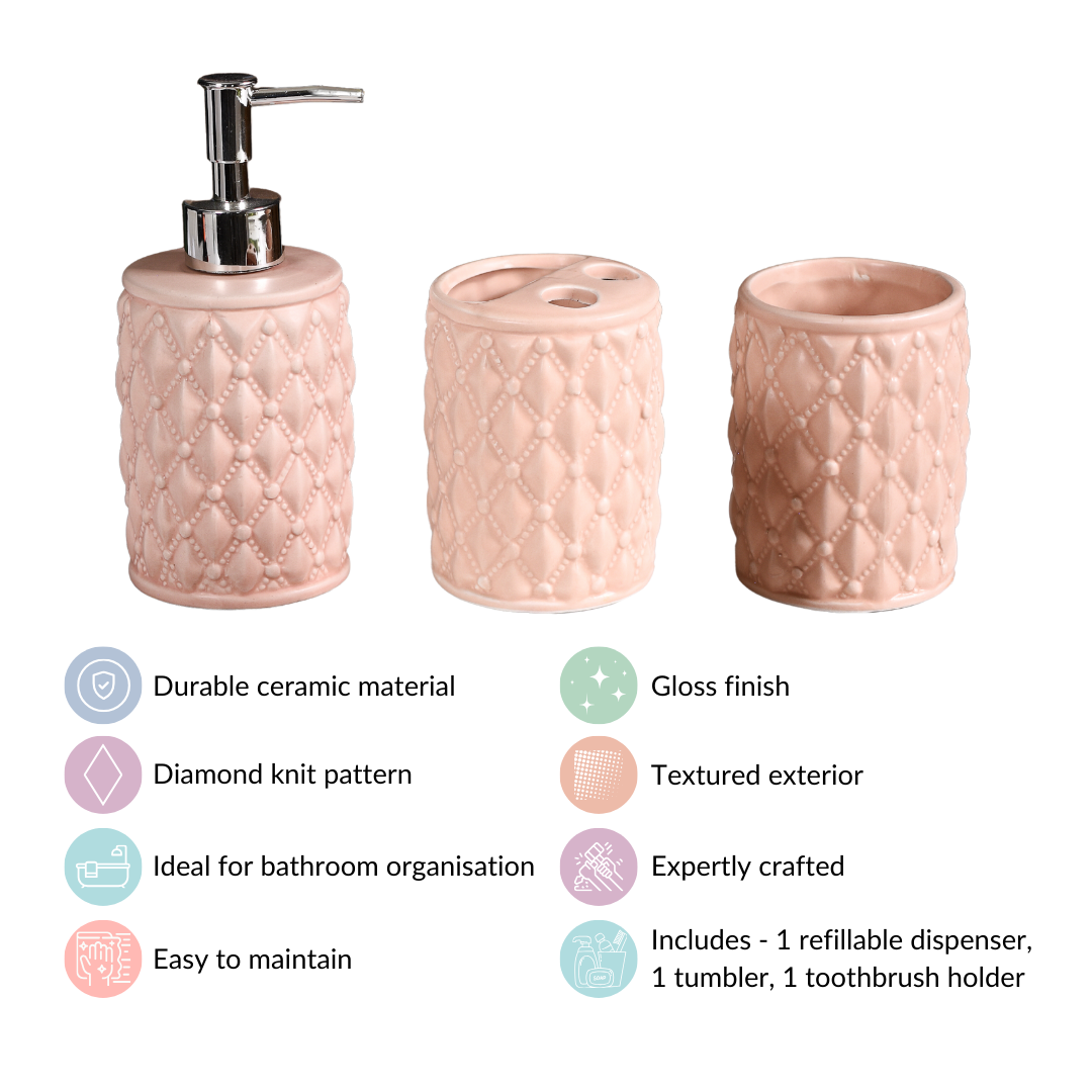 Peach Knit Design Ceramic Bathroom Accessories Set Of 3