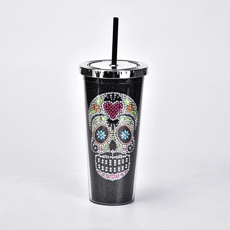 New Double-layer Plastic Straw Cup Creative Halloween Skull Head Large Capacity Drink Cup