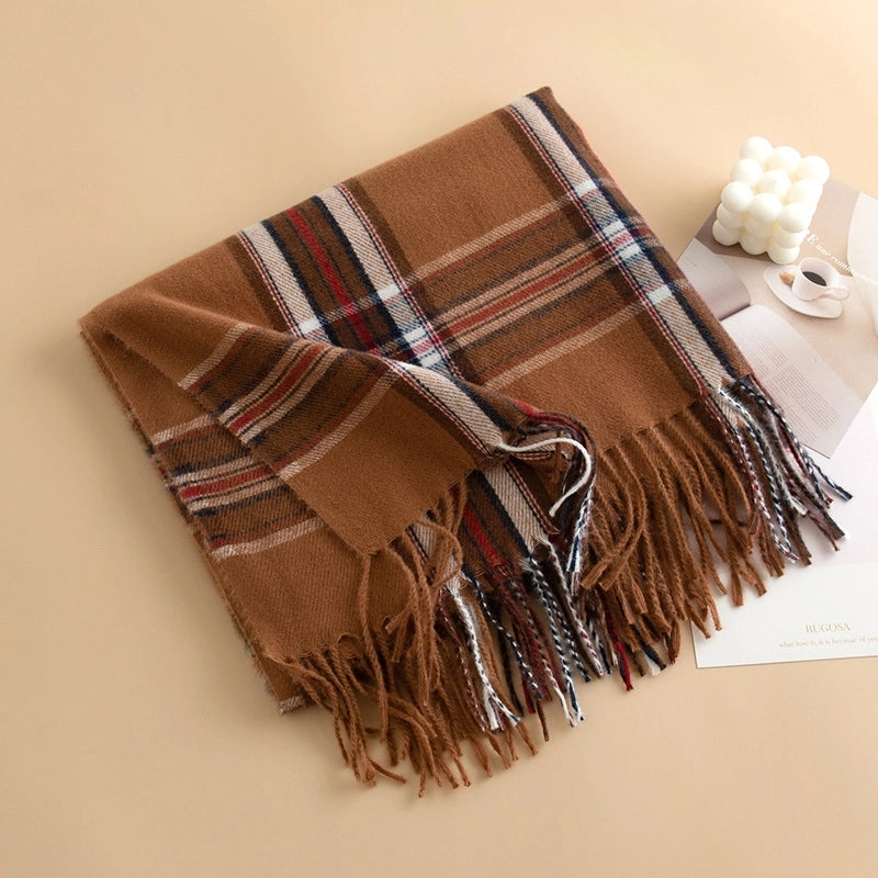 New Retro British Style Cashmere-like Tassel Scarf Women's Fashionable Commuter Cold-proof Warm Scarf Shawl
