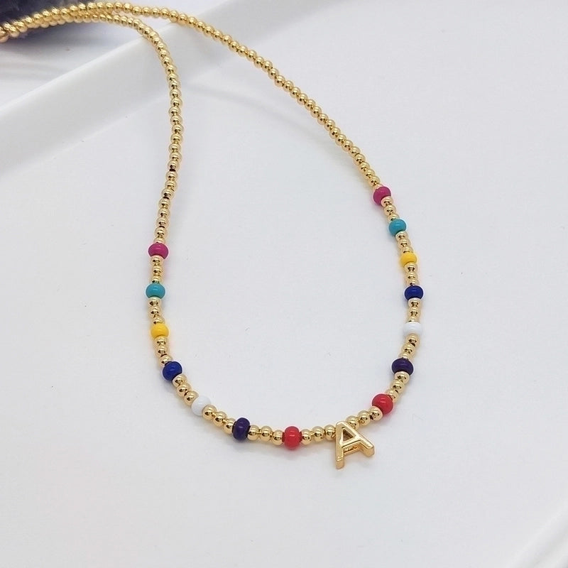 Ig Style Minimalist Letter Glass Copper Beaded Knitting Plating 18k Gold Plated Necklace