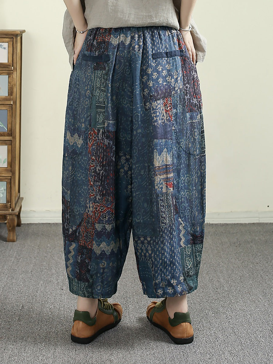 Women Summer Ethnic Print 100%Ramie Harem Pants