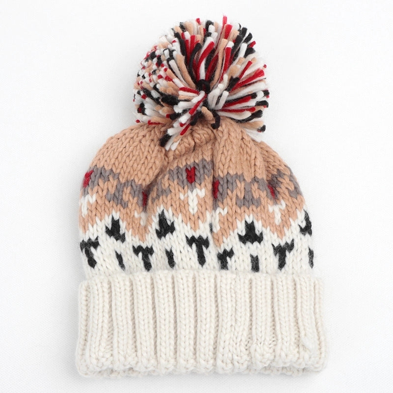 Unisex Retro Ethnic Style Color Block Pom Poms Eaveless Wool Cap