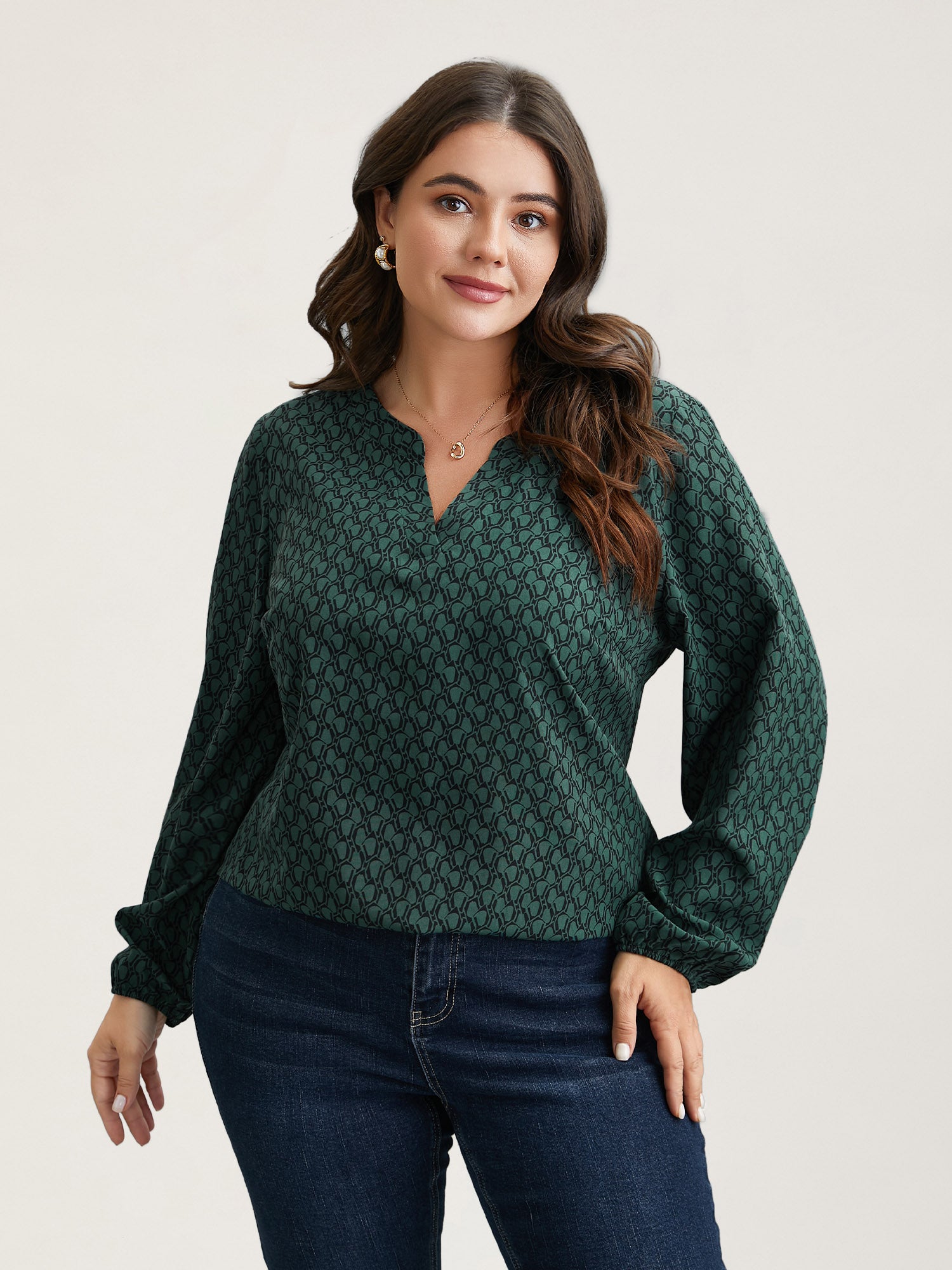 Notched Collar Geometric Print Flowy Blouse