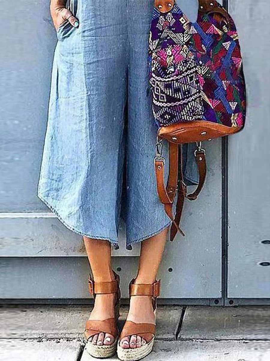 Sleeveless V-neck Wide Leg Denim Jumpsuit