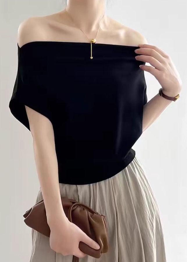 Women Black Slash Neck Solid Cotton T Shirt Summer