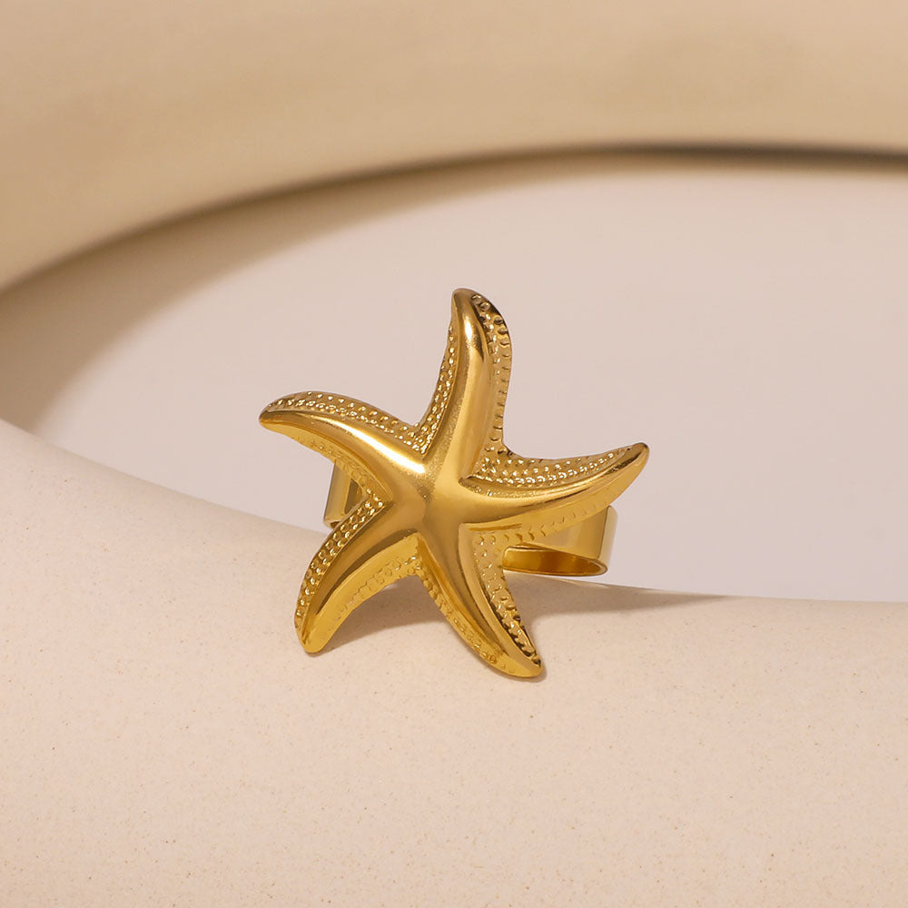 Fashion Starfish Beach Ocean Trend Stainless Steel Open Ring Five-Pointed Star 18K Gold Ring Female