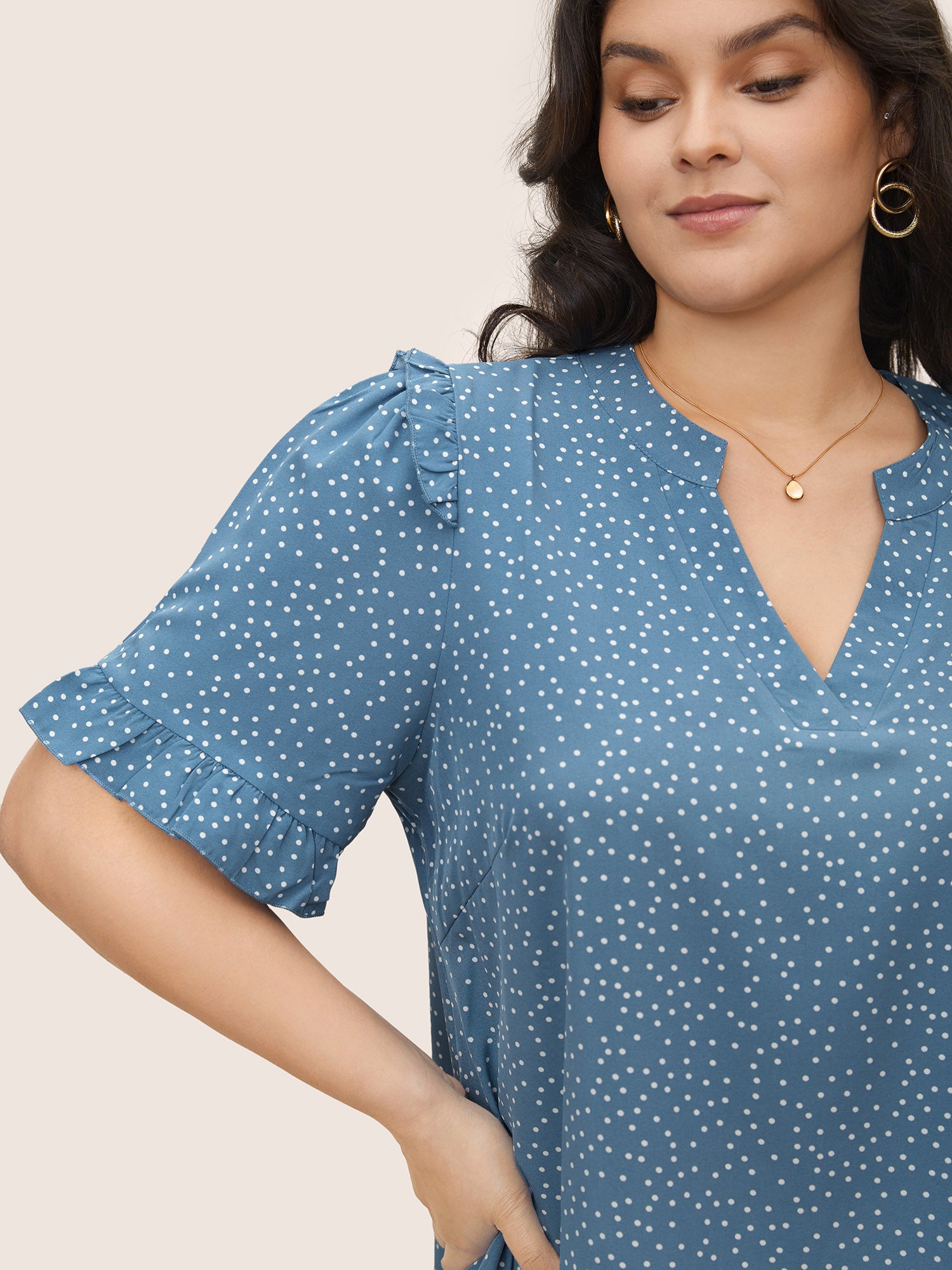 Polka Dot V Neck Ruffle Trim Blouse