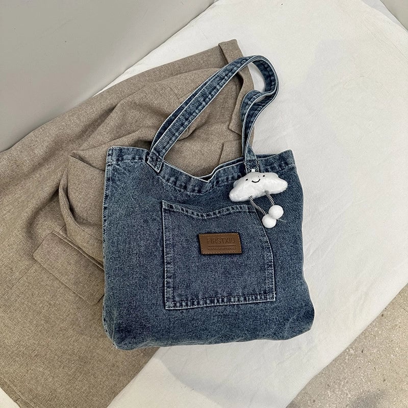Women's Denim Letter Vintage Style Sewing Thread Square Magnetic Buckle Tote Bag