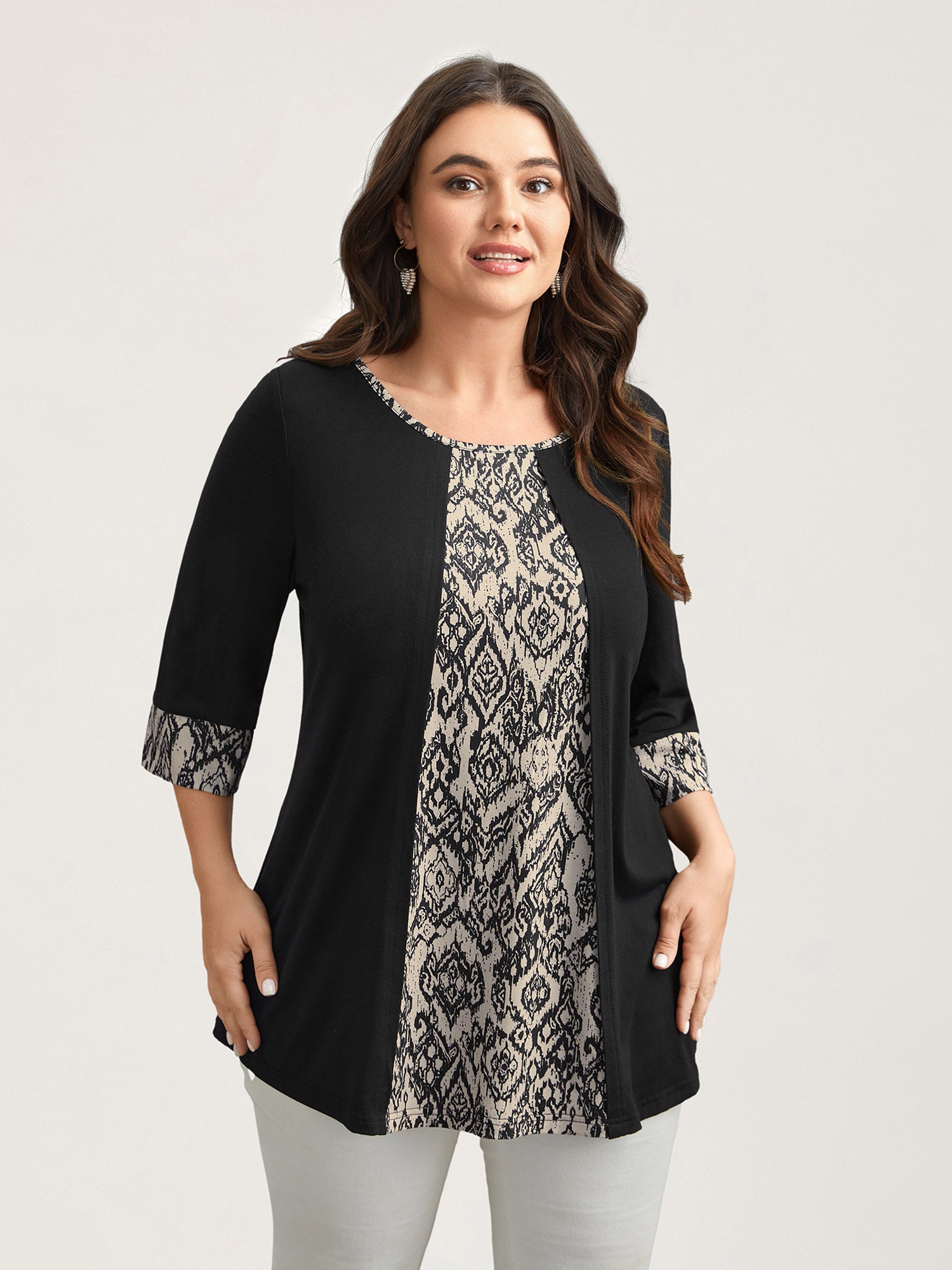 Print Patchwork Round Neck Knit Top