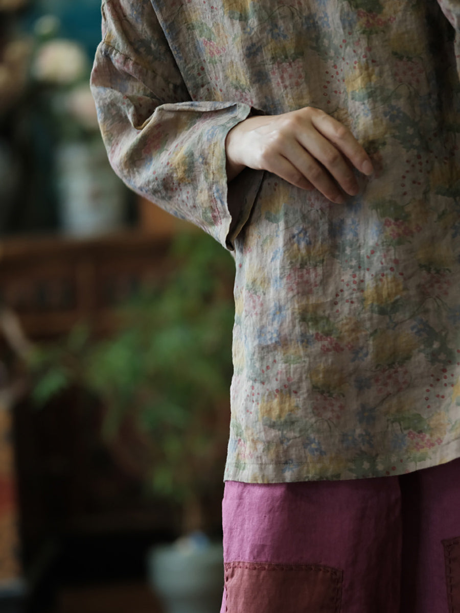 Women Summer Artsy V-Neck Floral Ramie Shirt
