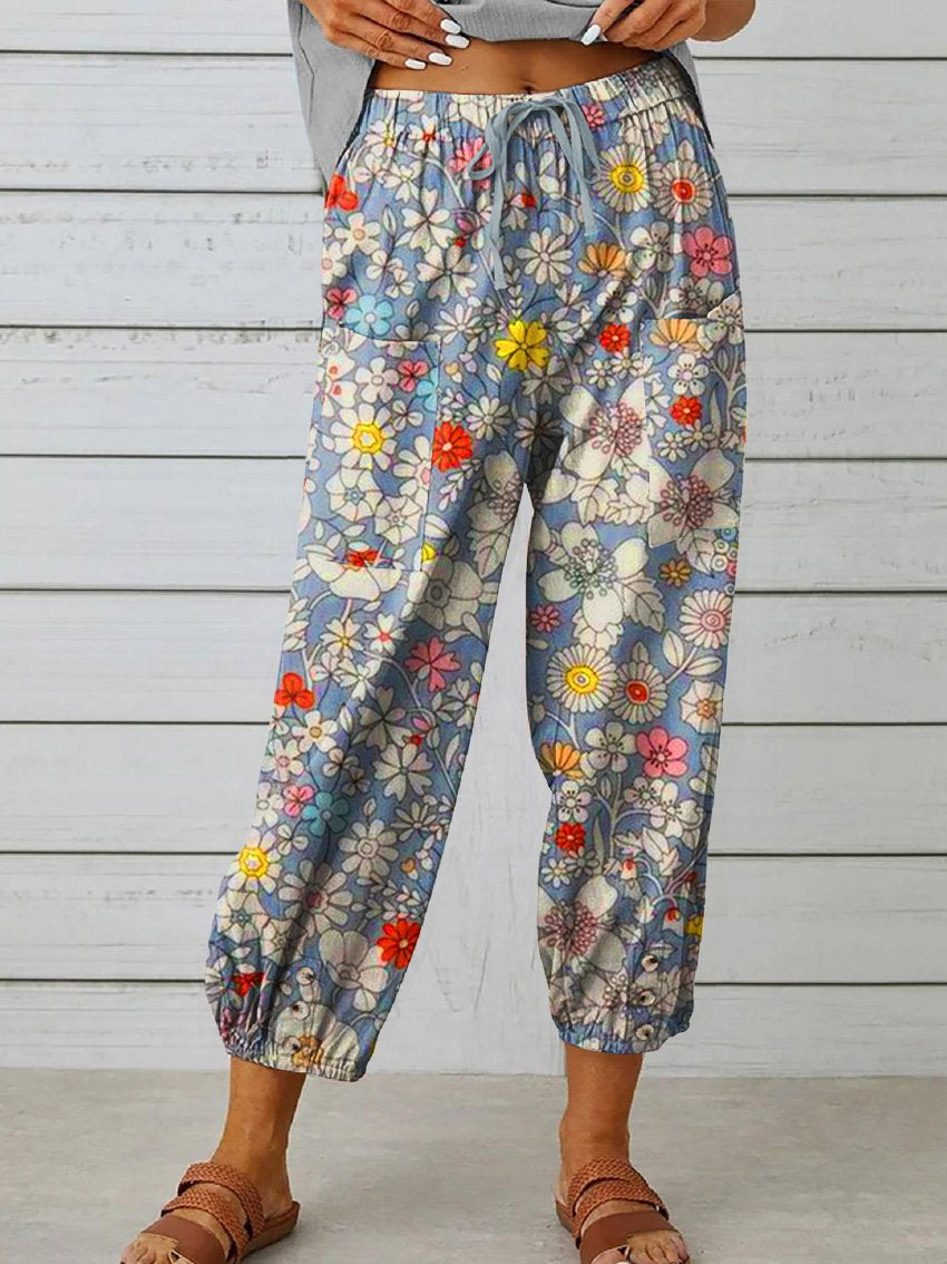 Women's  Floral Art Printed Cotton And Linen Casual Pants