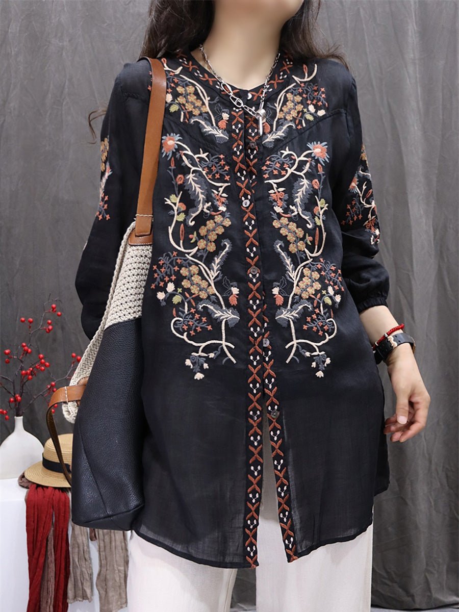 Women Summer Flower Embroidery O-Neck 100%Ramie Cardigan Shirt