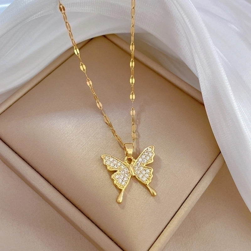 Minimalist Butterfly Titanium Steel Copper Plating Inlay Zircon Pendant Necklace